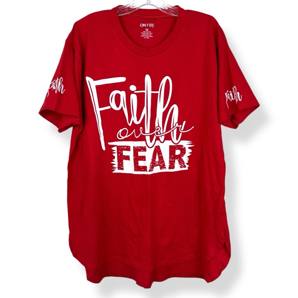 On Fire Graphic Tee Womens Plus 3X Red Short Sleeve Faith Over Fear‎ NWT